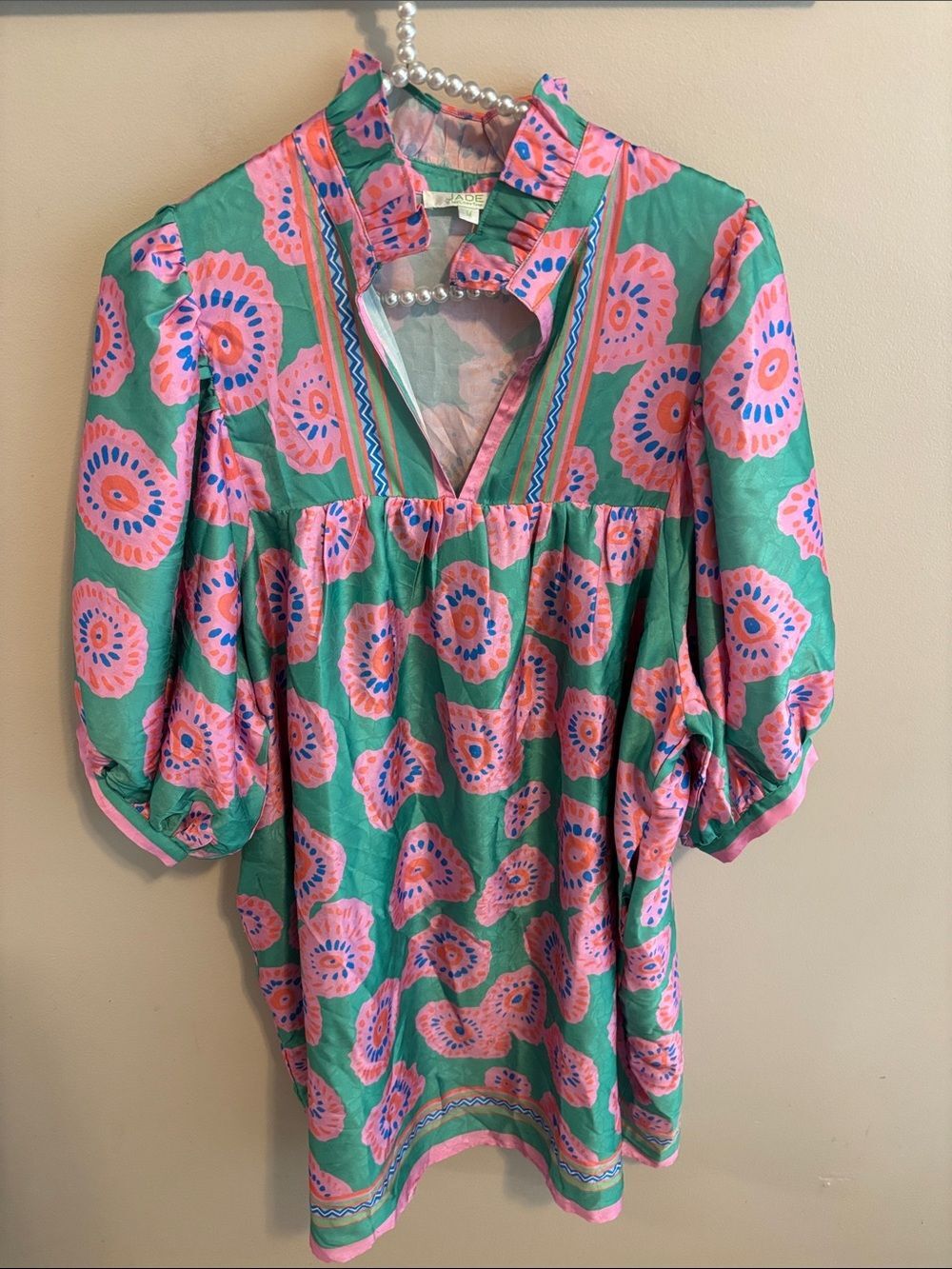 Jade Melody Tam Floral Clouds Border Dress Medium Green Pink V-Neck Puff Sleeve